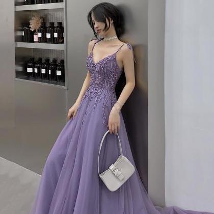 P1572 Purple Lace Long Prom Dress A Line Evening..