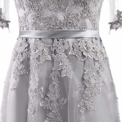 P1585 A Grey Formal Gown With A Long, Half-sleeved..