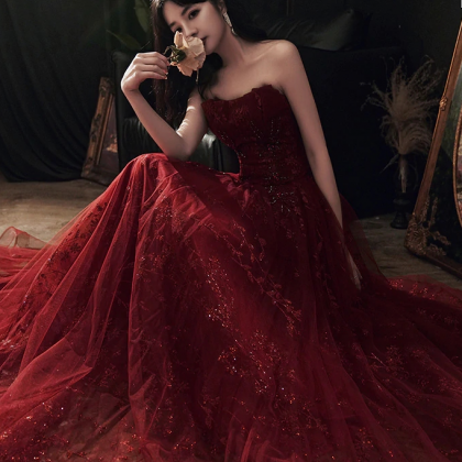 P1589 Wine Red Floral Lace And Tulle Long Evening..