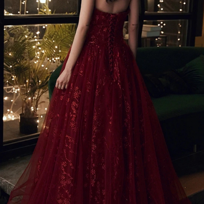P1589 Wine Red Floral Lace And Tulle Long Evening..