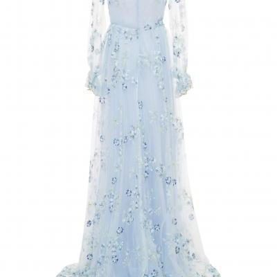 Charming Deep V-neck Long Lantern Sleeves Prom Dresses ,Sweep Train Floral Embroidered Evening Dress with Appliques .P03