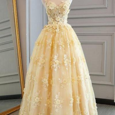  Yellow lace customize long A-line homecoming dress,Sleeveless appliques tulle homecoming dress.PH22