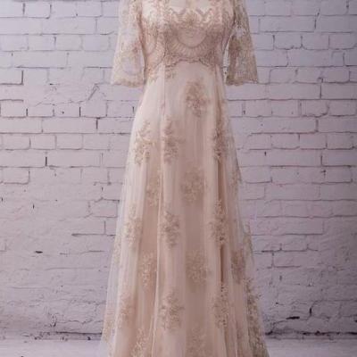 Lace Wedding Gown Wedding Dress with sleeves, buttons up back and train, classic and simple.W35