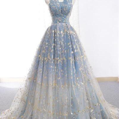 Strapless blue long tulle a line prom dress, formal floral tulle prom dress.P47