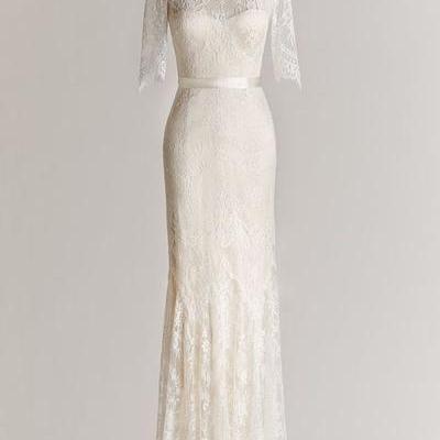 Lace Top High Neck Half Sleeve Wedding Dresses, Lace Mermaid Wedding Bridal Gowns.W73