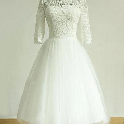 White short sleeve wedding dress,appliques lace evening dress.round collar prom dress.MD85
