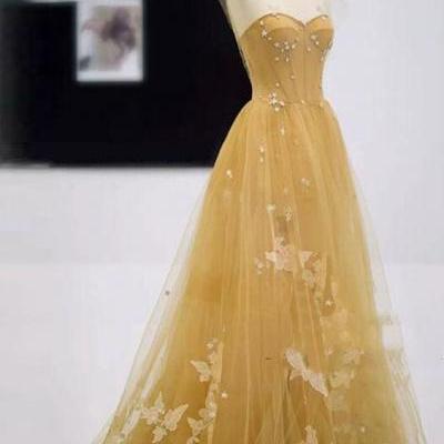 Sweetheart champagne tulle long A-line 3/4 cover evening dress,Homecoming dress with applique.P87