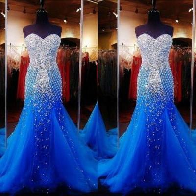 Royal Blue Beading Long Prom Dresses,Charming Sweep Train Prom Dresses,Sweetheart Prom Gowns,Evening Dresses.ST1189