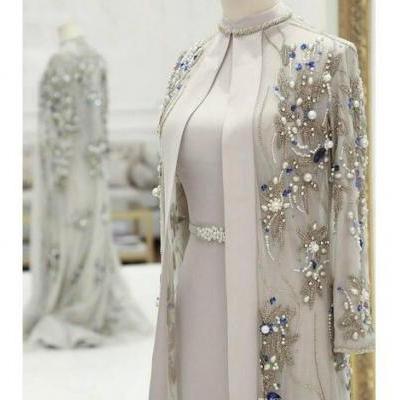 P1467 Gorgeous Beaded Mother Of The Bride Dresses With Long Sleeves Pearls Plus Size Wedding Guest Dress Crystals High Neck Evening Gowns