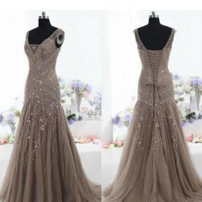 P1468 Actual Images 2021 Vintage Mother of the Bride Dresses Mermaid V Neck Applique Beads Tulle Corset Custom Made Mother Formal Evening Gowns