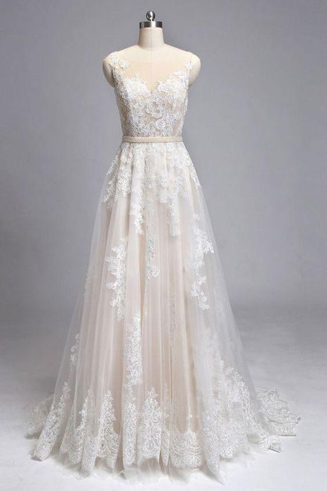 Champagne Round Neck Tulle Lace Long Weeding Dress,chic Appliques Bridal Dress.w04