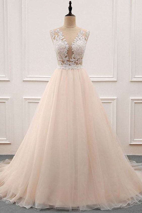 Champagne Tulle Lace Long Prom Derss,appliques Prom Dress.p10