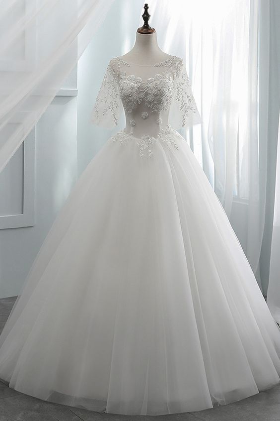 Tulle Scoop Neckline See-through Bodice Ball Gown Wedding Dress With Beaded Lace Applique.w11