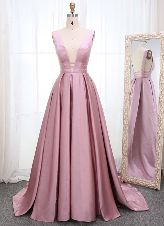 Pink Satin Open Back Long Prom Dress, Pink Sleeveless Prom Dress.p14