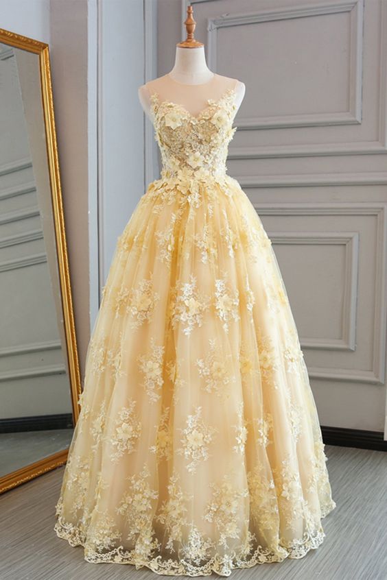  Yellow lace customize long A-line homecoming dress,Sleeveless appliques tulle homecoming dress.PH22