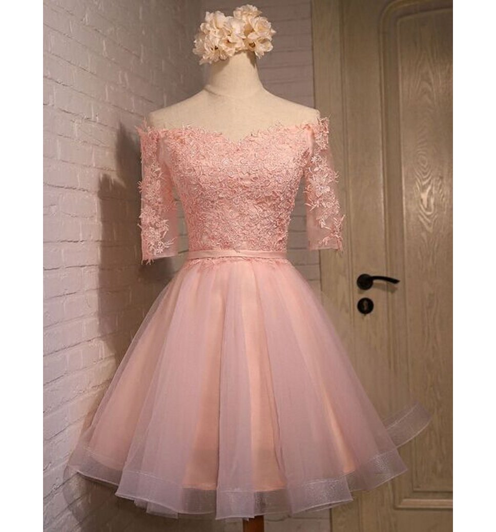 Cute Off The Shoulder Pink Tulle Homecoming Dress,short Appliques Lace Homecoming Dress.ph25