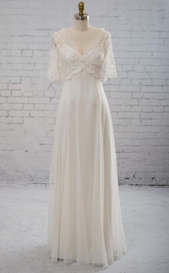 Vantage Half Sleeve V-neck Elegant See Through Wedding Dresses.w34