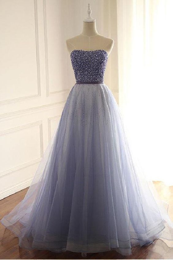 Simple Strapless Blue Beaded Tulle Prom Dress,a-line Blue Evening Dresses.p49