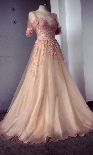 Appliquee Tulle Prom Dresses, Floor-length Prom Dresses,half Sleeve Prom Dresses, Charming Evening Dresses.p75