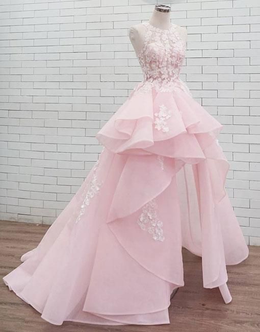 Pink Round Neck Lace Long Prom Dress, Sweet Appliques Party Dresses.hl78