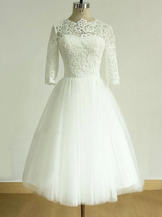 White Short Sleeve Wedding Dress,appliques Lace Evening Dress.round Collar Prom Dress.md85