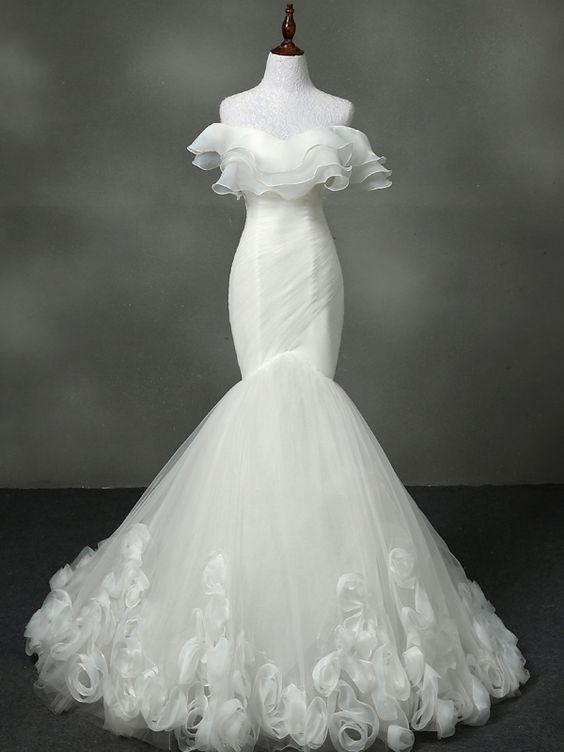 White Wedding Dress,mermaid Tulle Wedding Dress, Off The Shoulder Wedding Dress.w93
