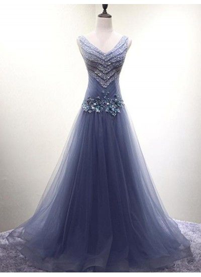 Elegant V-neck Prom Dresses, Floor Length Tulle Evening Dresses,blue Sleeveless Evening Dresses.p95