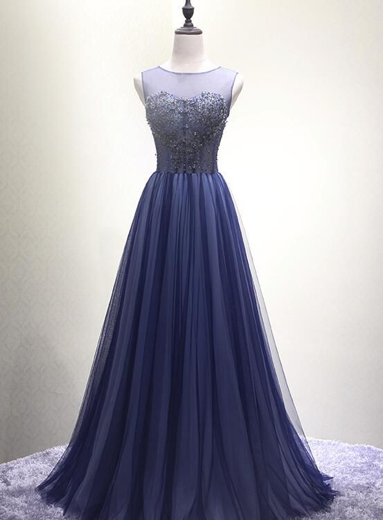 Beautiful Navy Blue Floor Length Evening Dresses, Charming Long Handmade Tulle Homecoming Dresses.ph96