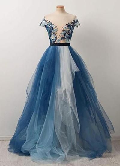 Blue tulle lace applique long prom dresses, blue A-line evening dresses.P106