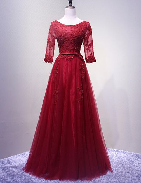 Lace Midi Sleeve Long Formal Prom Dress With Appliuques.p128