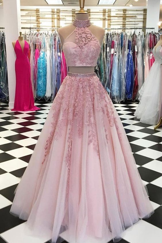 Pink two pieces tulle lace appliques homecoming dress,sleeveless evening dress.TP139