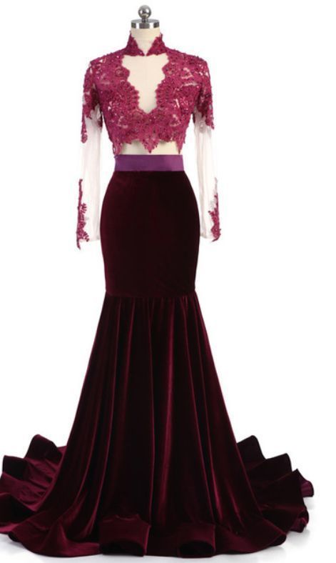 Long Sleeve Appliques Formal Prom Dress,chic Beading The Full-length Velvet Gown.f143
