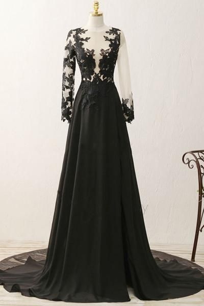Charming Mermaid Formal Prom Dress,black V-neck Chiffon Sweep Train Evening Dress With Appliques.f146