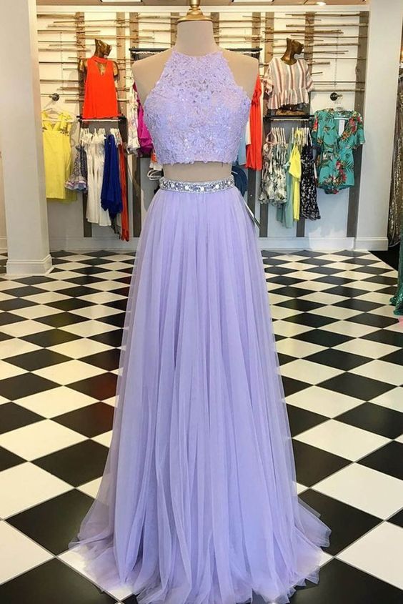 Lavender Tulle Two Pieces Evening Dress, Sleeveless Long Homecoming Dress.tp165