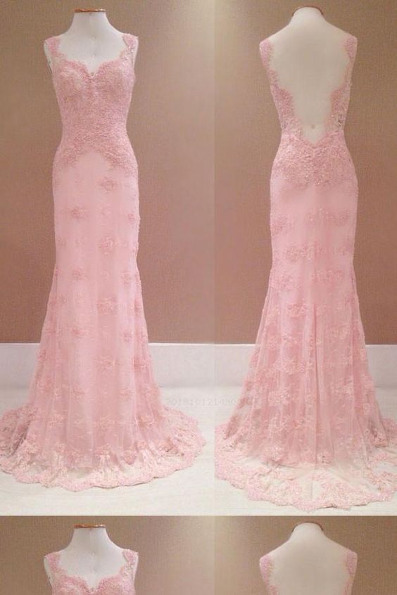 Pink Lace Open Back Prom Dress, Sleeveless Tulle Long Evening Dress.p167