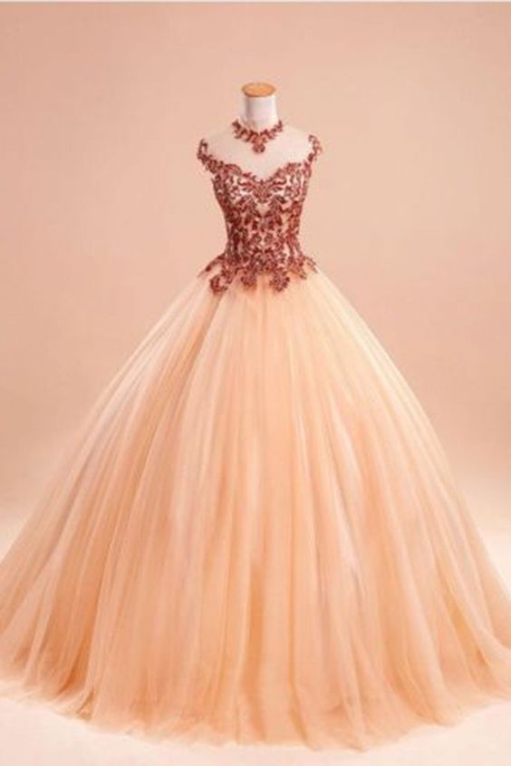 Beautiful Light Organza Lace Applique Long Formal Dresses,charming Princess Tulle Ball Gown Dresses.f170