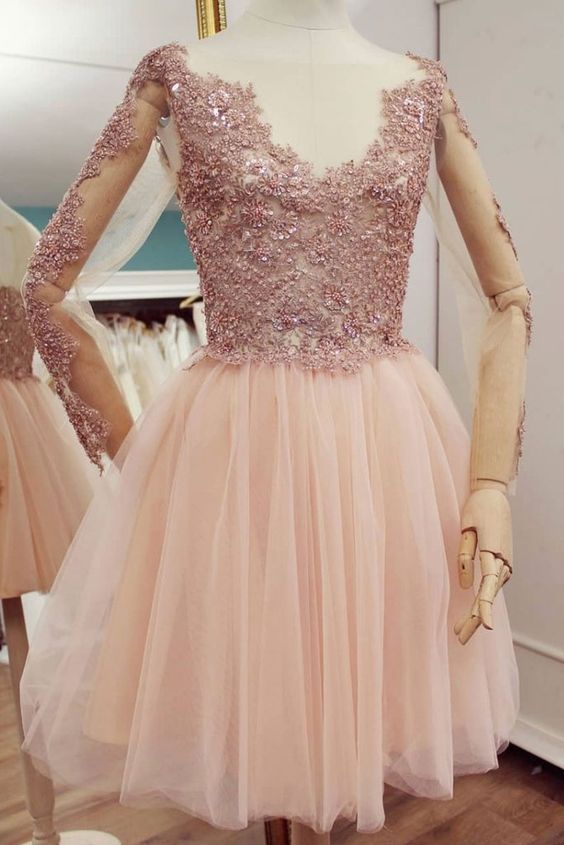 Cute A-line Appliques Evening Dresses,long Sleeves Pink Tulle Homecoming Dresses.mn184