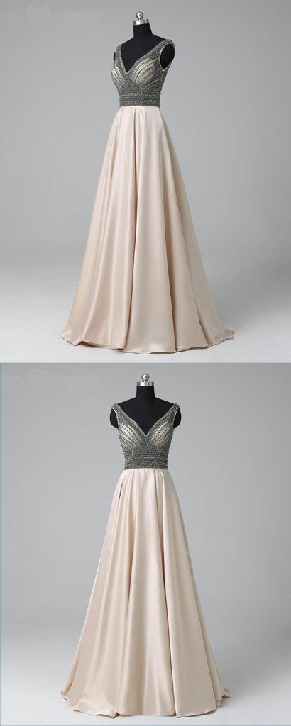 Champagne Satin V Neck Long Prom Dress, Charming Sleeveless Evening Dress,simple Open Back Prom Dress.p185