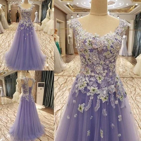 Chic Sleeveless Appliques Tulle Long Formal Gown,light Purple Lace Evening Dress.f188