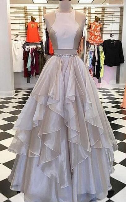 Champagne Sleeveless Two Pieces Prom Dresses,Layered Organza Evening Dresses,Beautiful Long Party Dresses.TP193