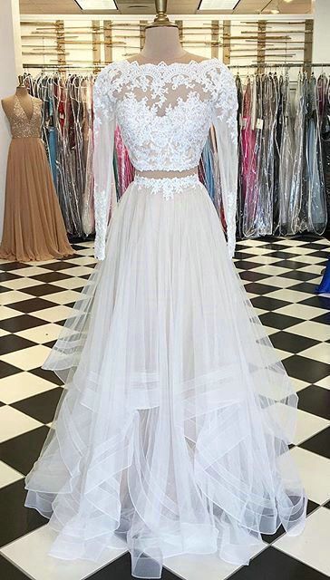Elegant Long Sleeve Lace Two Pieces Prom Dresses,layered Tulle Evening Dresses,beautiful Long Party Dresses.tp194