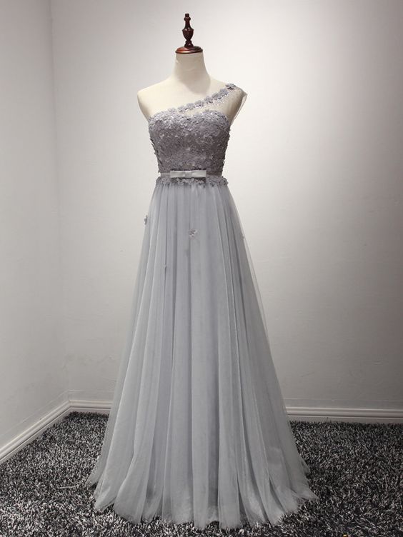 Gray One Shoulder Grecian Prom Formal Dresses,elegant Appliques Organza Evening Dresses.f196