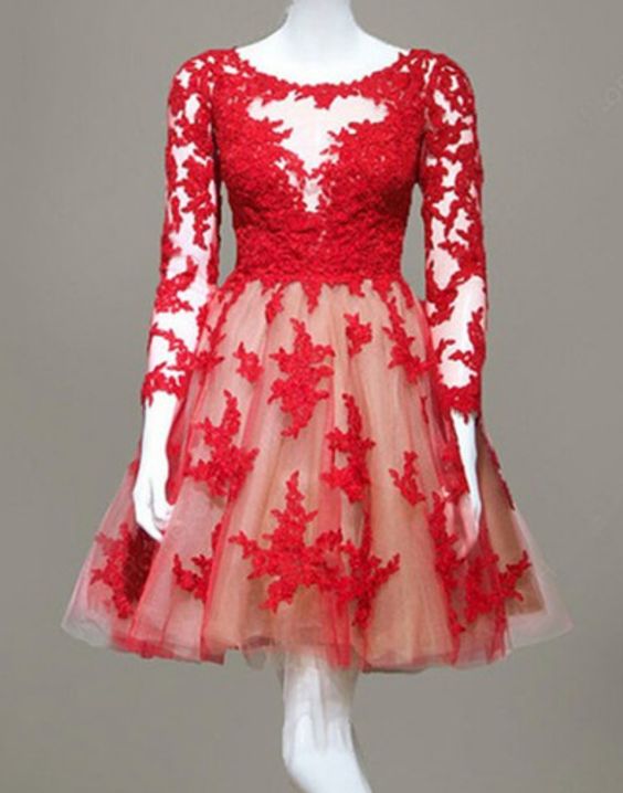 Red Tulle Short Homecoming Dresses,long Sleeve Lace Homecoming Dresses,fashion Appliques Evening Dresses.mn220