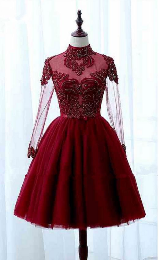 Red Tulle High Collar Short Homecoming Dresses,long Sleeve Lace Homecoming Dresses,appliques Evening Dresses.mn221