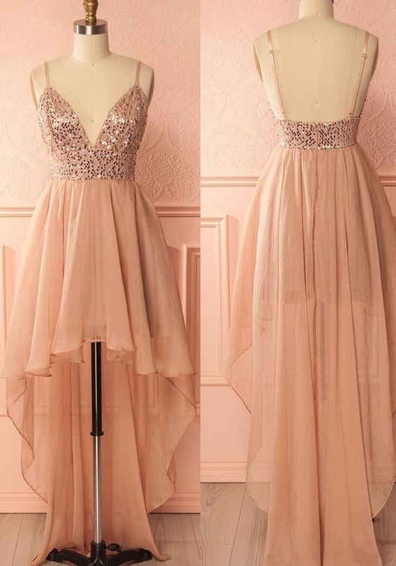 Pink Sequin Open Back Tulle Prom Dresses,Charming Spaghetti Strap Evening Dresses,Fashion High-Low Homecoming Dresses.HL222