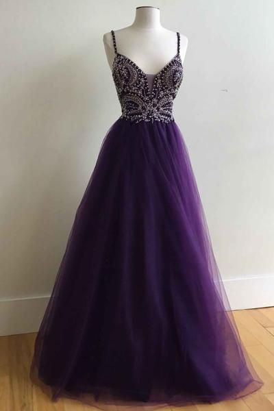 Purple A-line Spaghetti Strap Formal Dresses,beautiful Beading Tulle Evening Dresses.p224