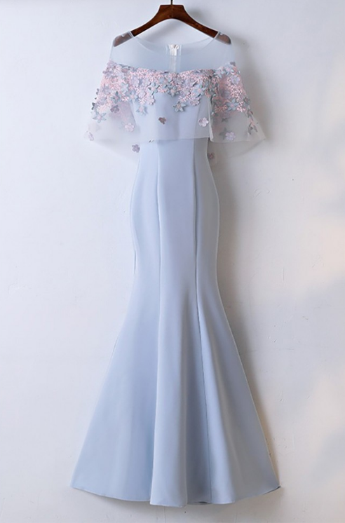 Sky Blue Appliques Lace Homecoming Dresses,beautiful Mermaid Satin Long Homecoming Dresses.ph233