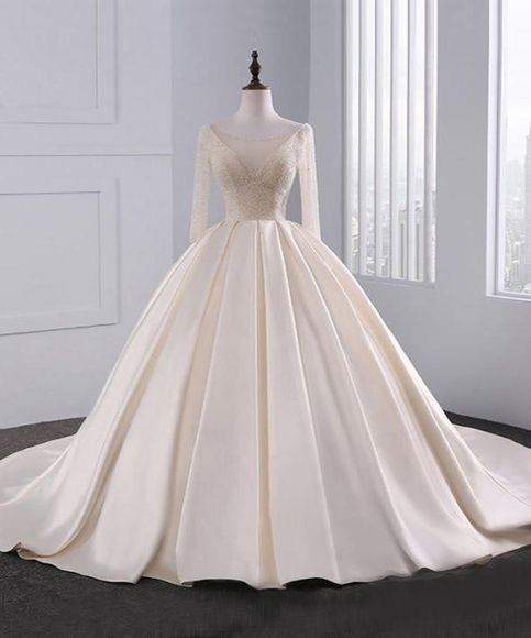 Elegant A-line Long Sleeve Satin Bridal Gown,simple Champagne Satin Wedding Dress.w265