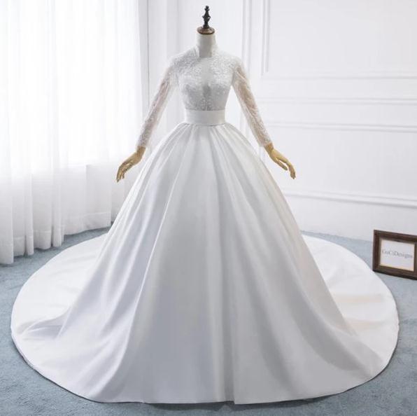 Elegant A-line High Collar Long Sleeve Wedding Dresses With Lace,custom Made Wedding Dresses.w304