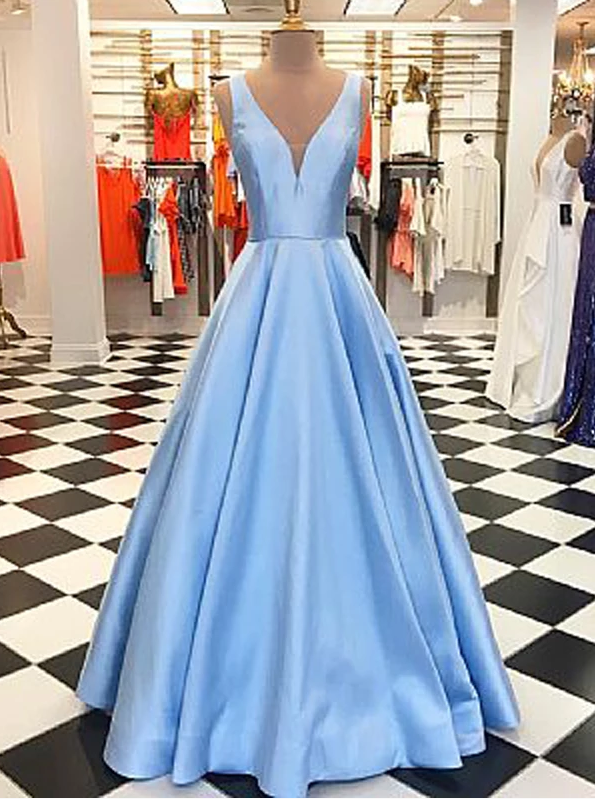 Blue A-line Satin Floor Length Formal Homecoming Dresses,charming Sleeveless V-neck Formal Evening Dresses.f372